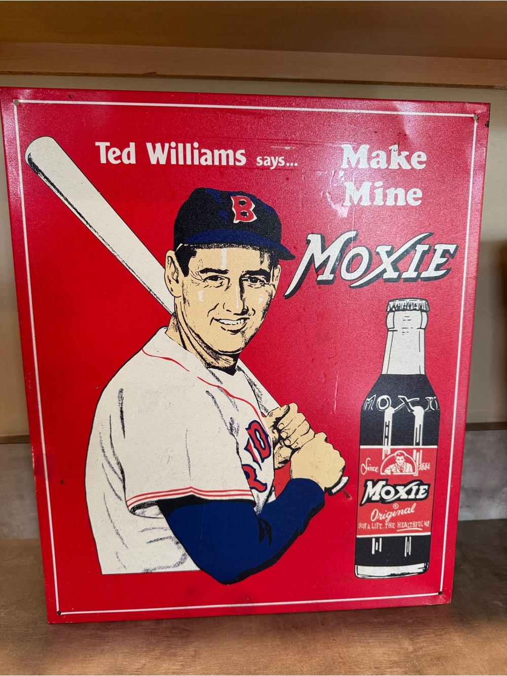 Vintage Ted Williams says Make Mine Moxie Cola Desperate Sign Co Tin Sign 13x15”